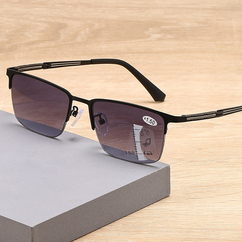 Square Half Frame Progressive Reading Sunglasses for Men UV Protection Multifocal Sun Glasses Mens Trifocal Readers +2.50