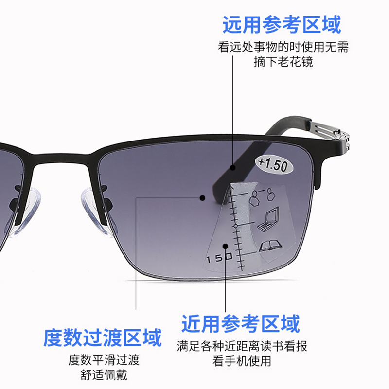Square Half Frame Progressive Reading Sunglasses for Men UV Protection Multifocal Sun Glasses Mens Trifocal Readers +2.50
