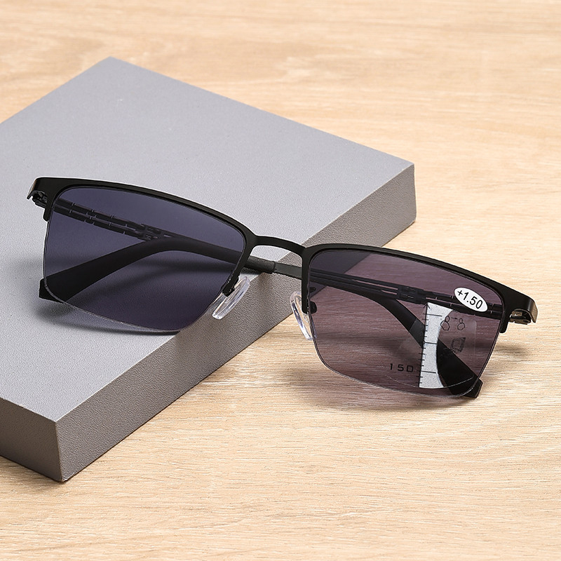 Square Half Frame Progressive Reading Sunglasses for Men UV Protection Multifocal Sun Glasses Mens Trifocal Readers +2.50
